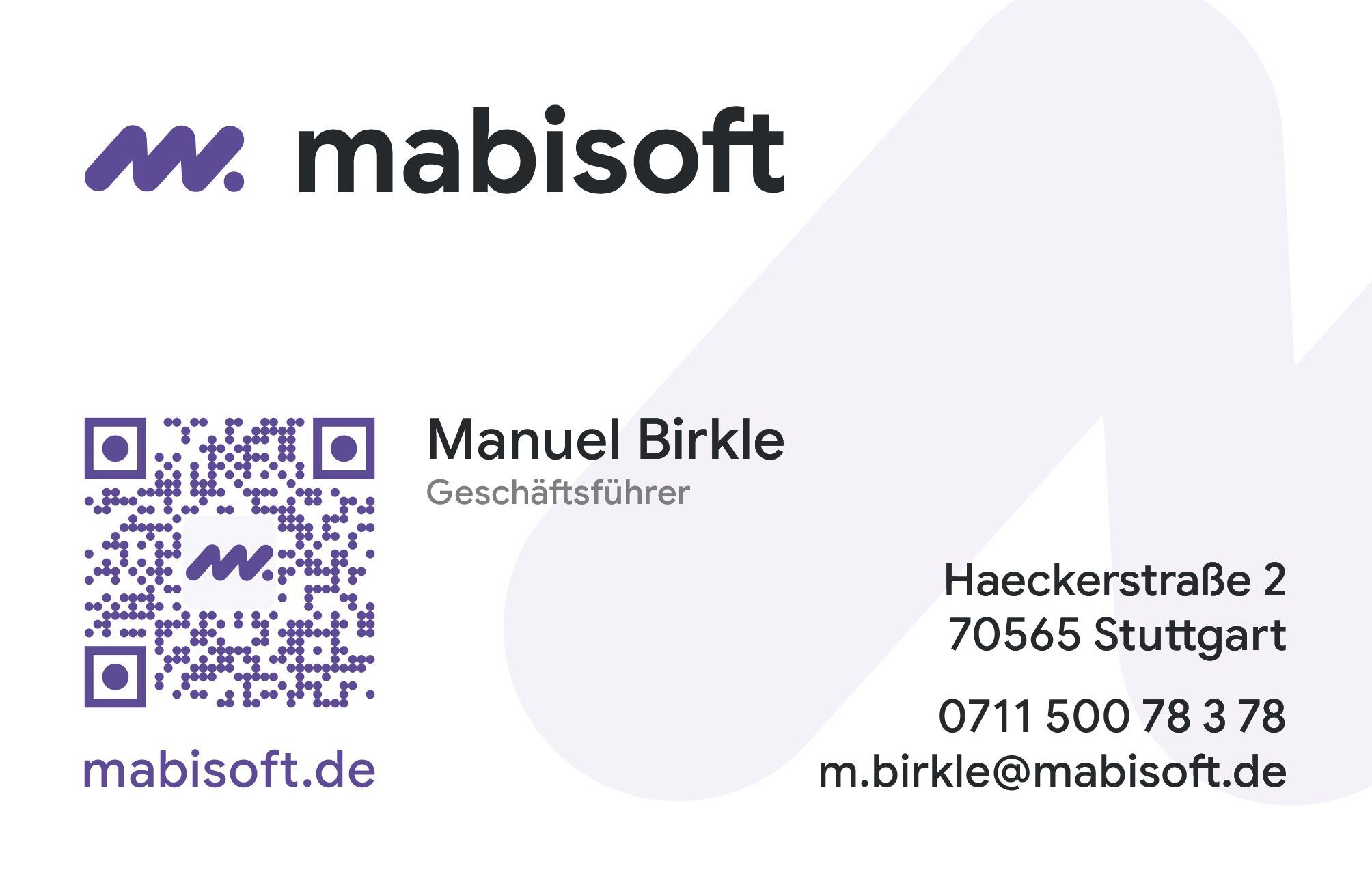 Visitenkarte von Manuel Birkle, mabisoft – Vorderseite