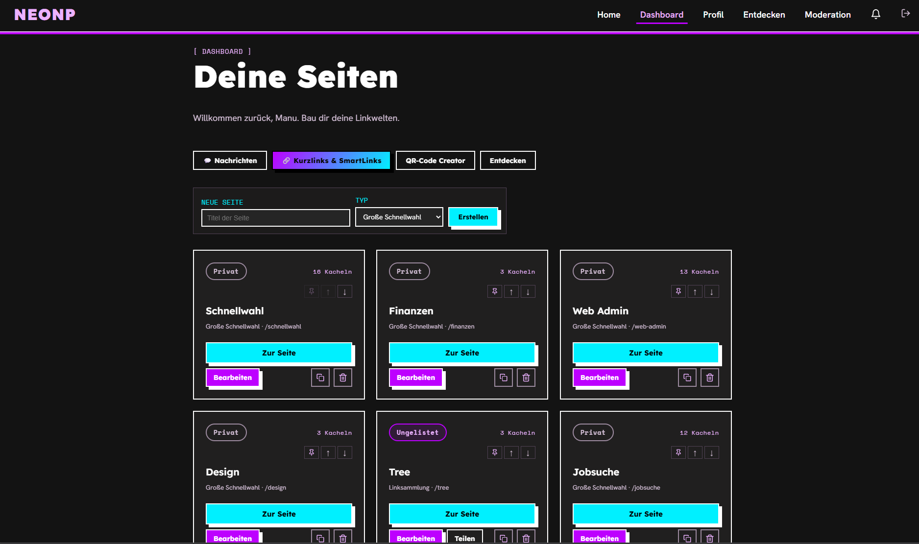 neonp – Dashboard – alle eigenen Seiten auf einen Blick verwalten