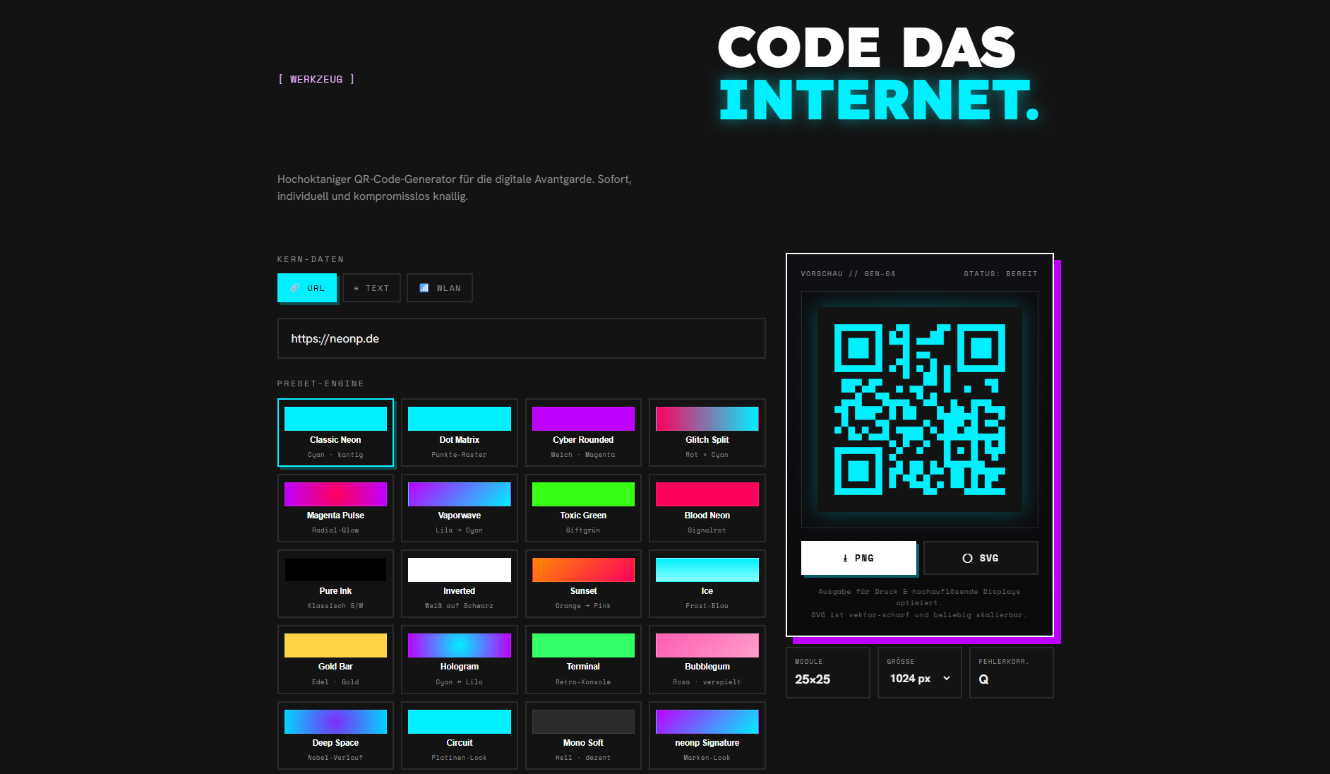 neonp – QR-Code-Generator mit über 20 Neon-Presets